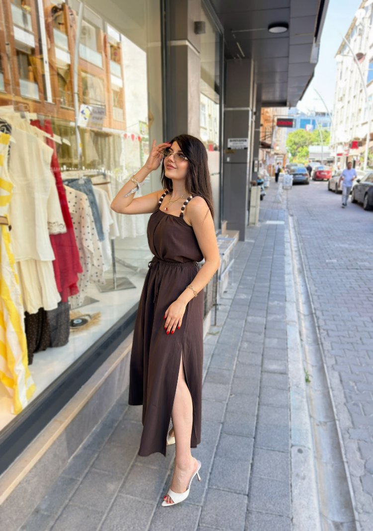 Boncuklu tensel 2Lİ etekli takım kahve
