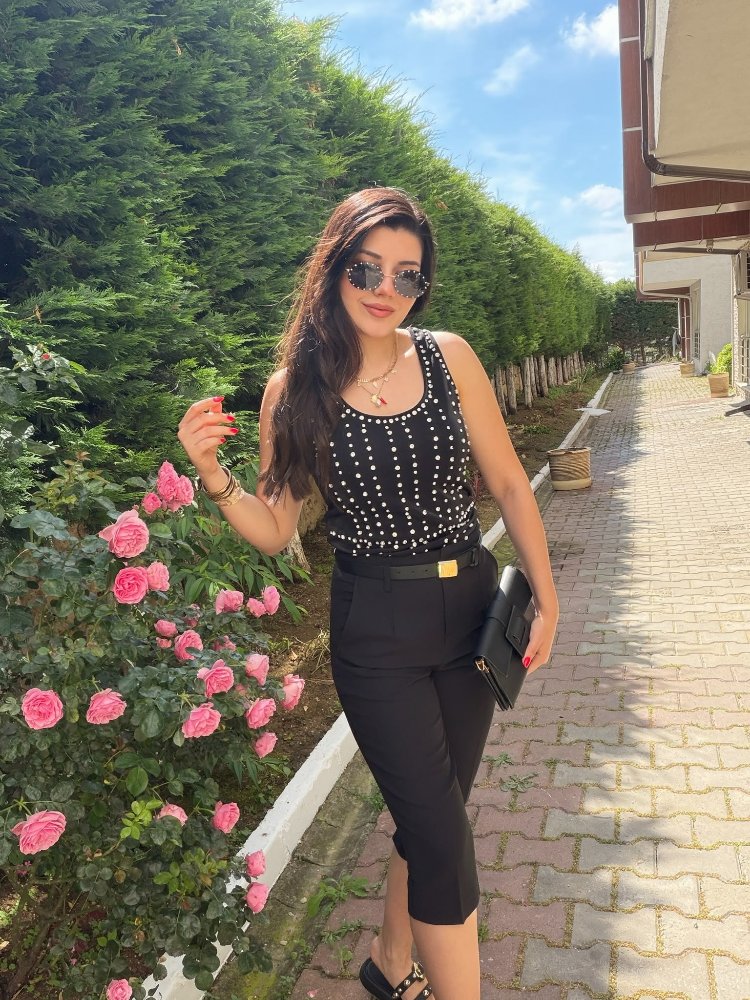 taşlı bluz siyah