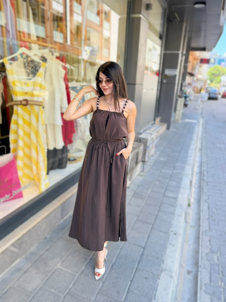 Boncuklu tensel 2Lİ etekli takım kahve