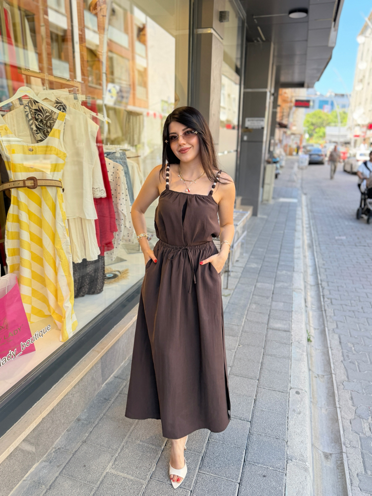 Boncuklu tensel 2Lİ etekli takım kahve