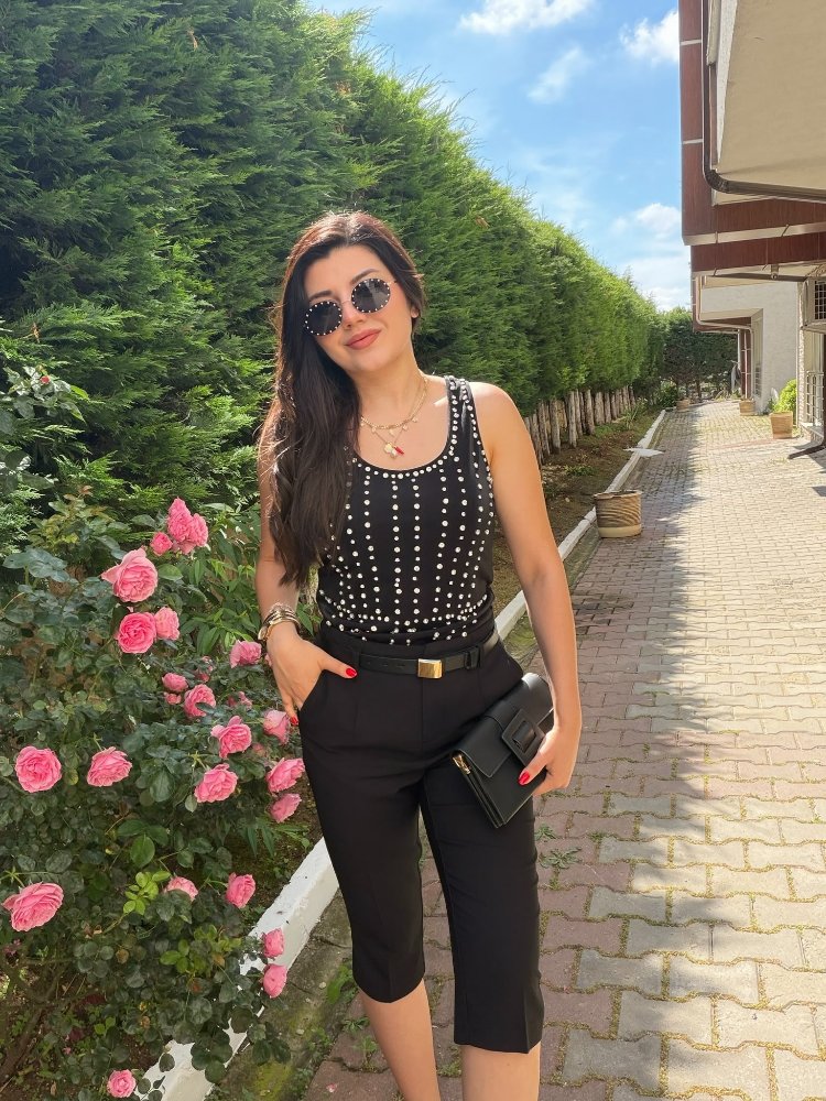 taşlı bluz siyah