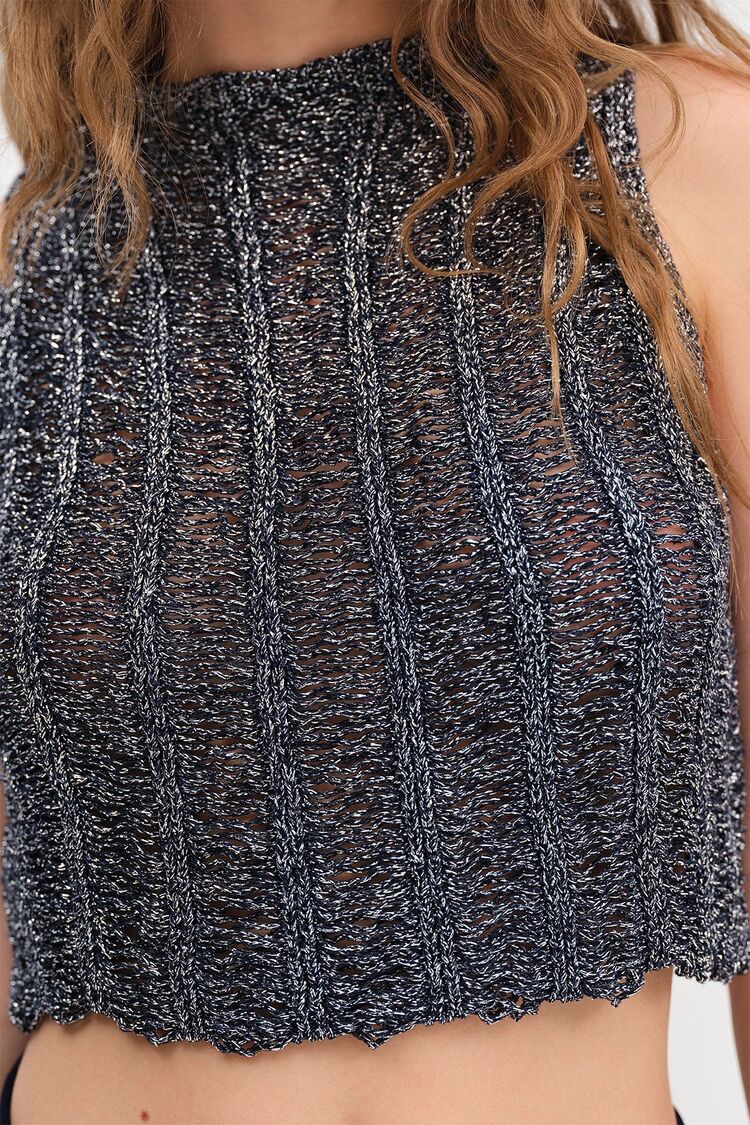Işıltılı Örme Crop Bluz Siyah