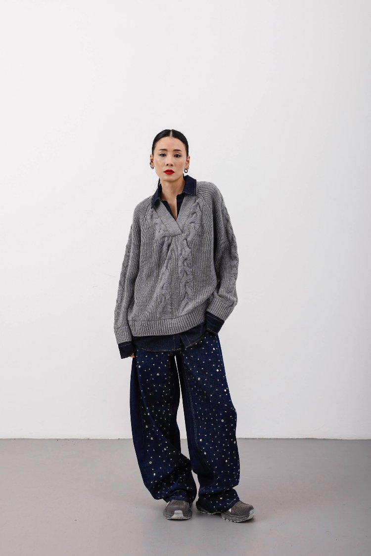 Parlak Zımbalı Baggy Jean Lacivert