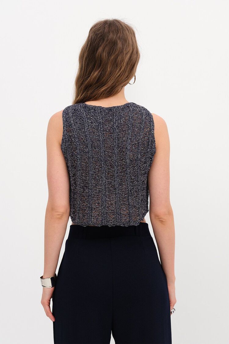 Işıltılı Örme Crop Bluz Siyah