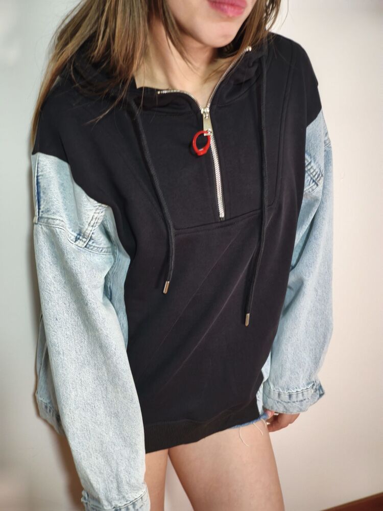 Jean Detaylı Sweatshirt Siyah