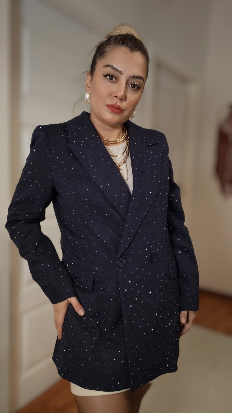 Parlak Taşlı Lacivert Ceket