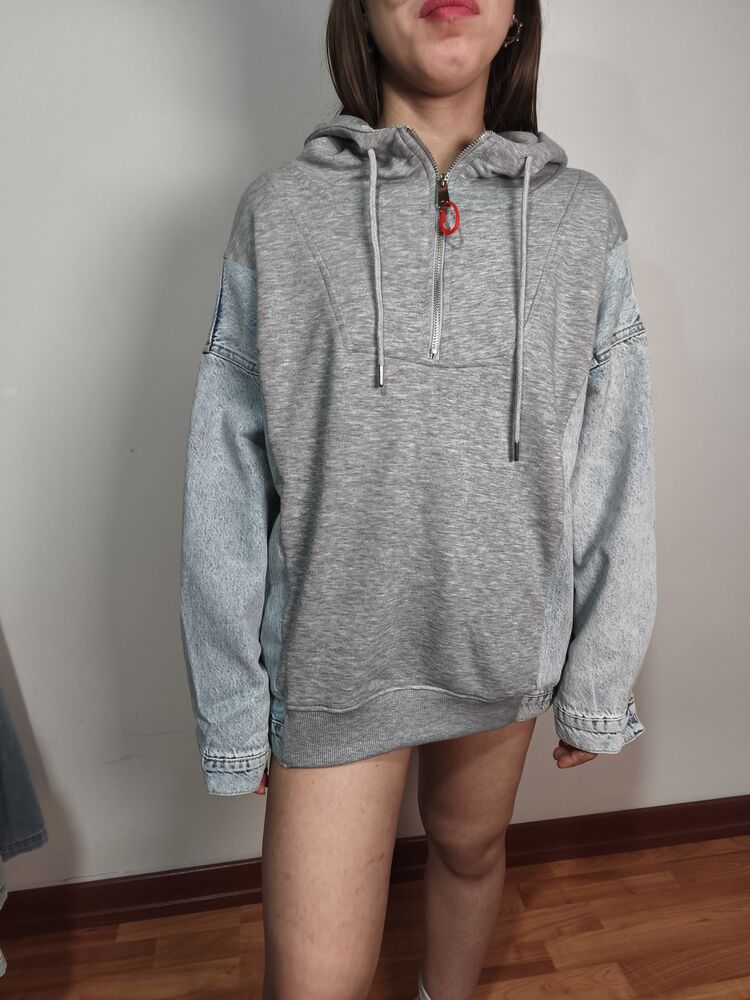 Jean Detaylı Sweatshirt Gri