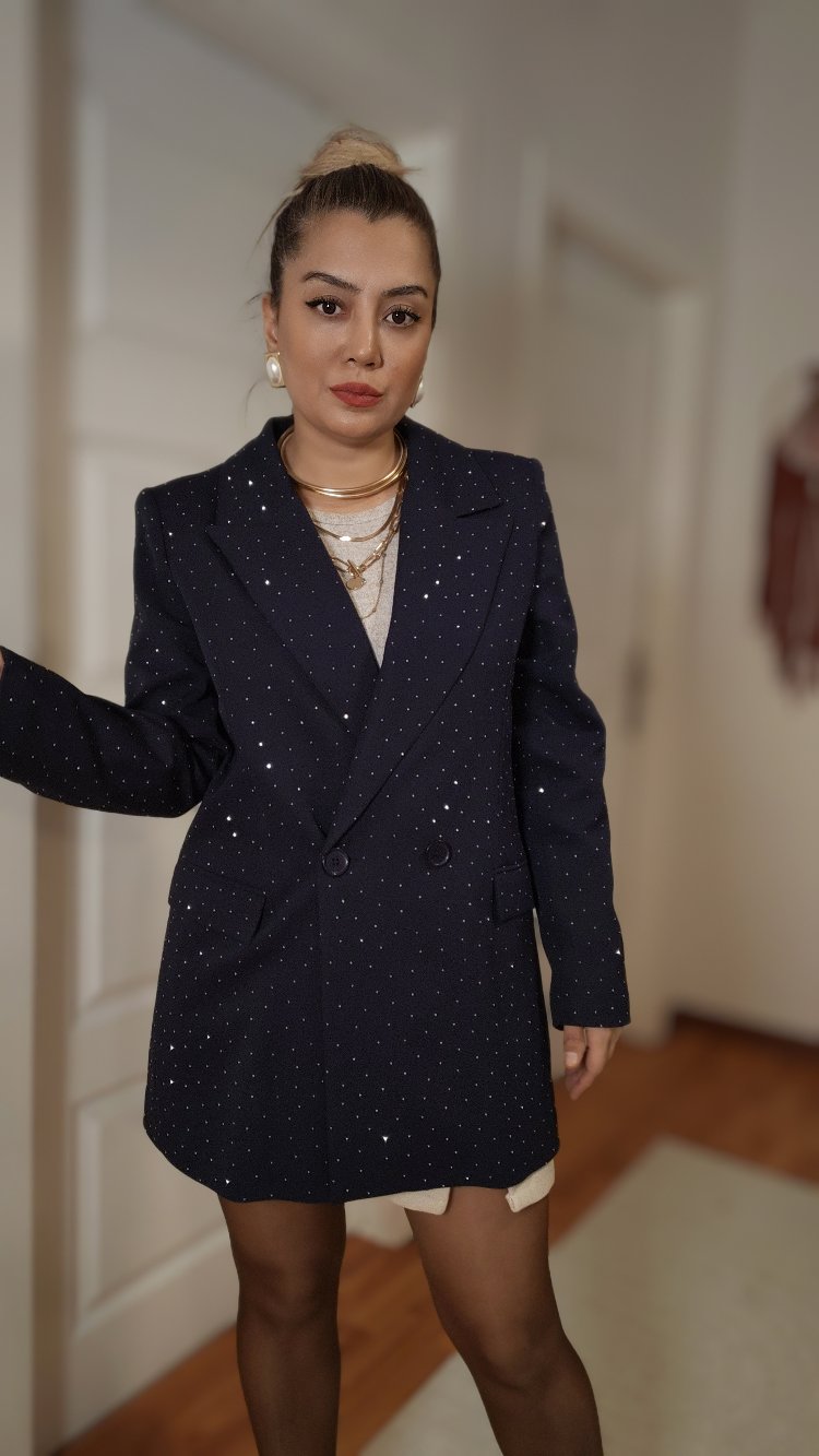 Parlak Taşlı Lacivert Ceket