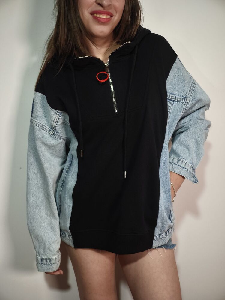 Jean Detaylı Sweatshirt Siyah