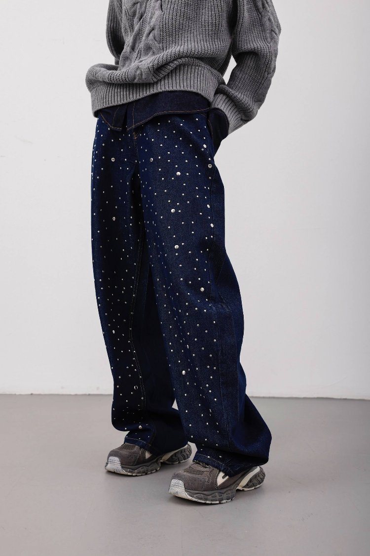Parlak Zımbalı Baggy Jean Lacivert