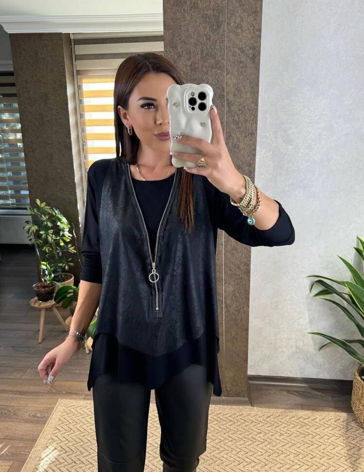 ASİMETRİK YELEKLİ BLUZ SİYAH