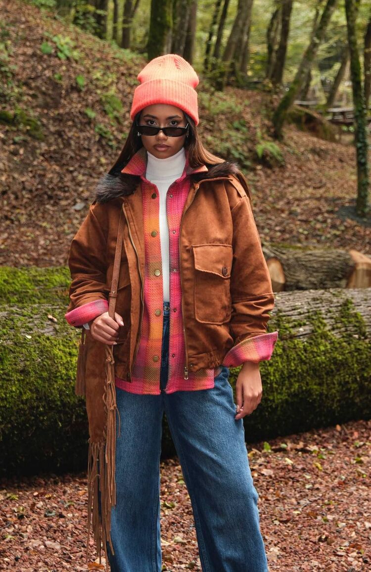 Nubuk Cepli Yakası Kürklü Oversize Bomber Taba ceket