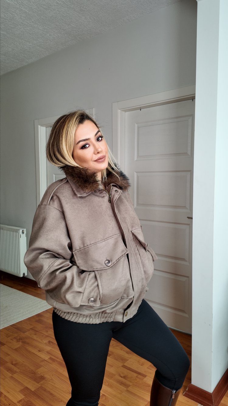Nubuk Cepli Yakası Kürklü Oversize Bomber Bej ceket