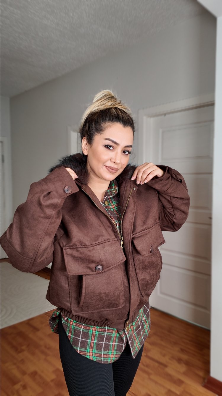Nubuk Cepli Yakası Kürklü Oversize Bomber Kahve ceket