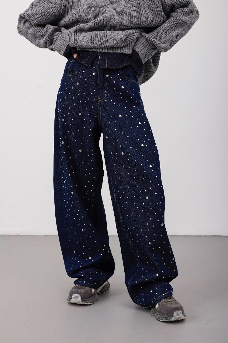 Parlak Zımbalı Baggy Jean Lacivert