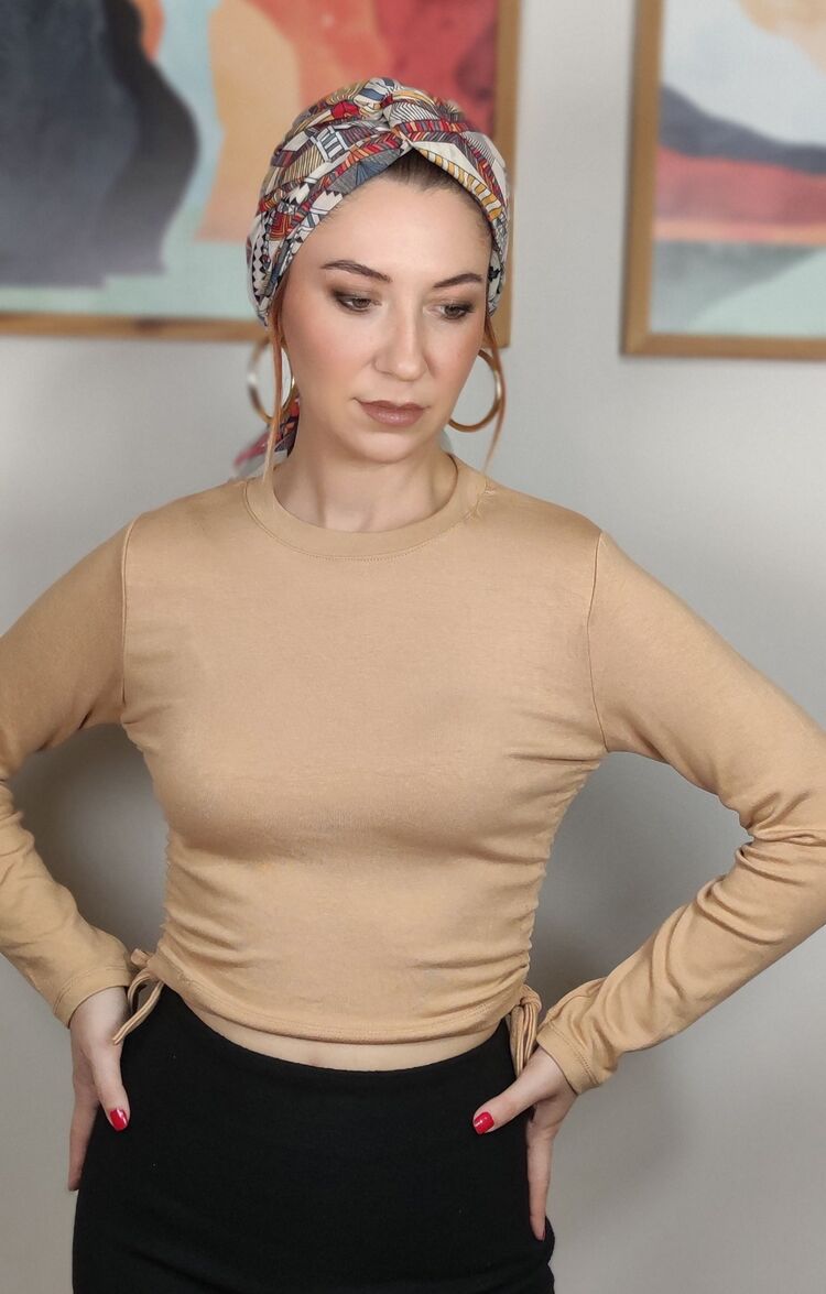 Yanları büzgülü uzun kollu bluz BEJ RENGİ