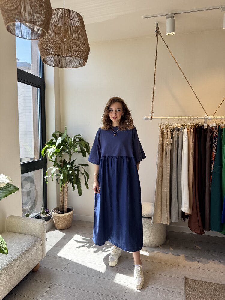 Oversize Poplin Penye Elbise (İndigo)