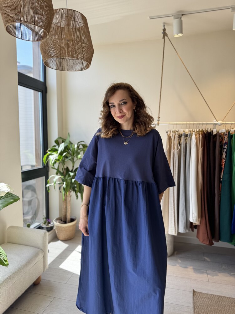 Oversize Poplin Penye Elbise (İndigo)