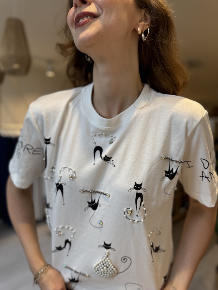 İpekyl Taşlı Kedili Tshirt (BEYAZ)