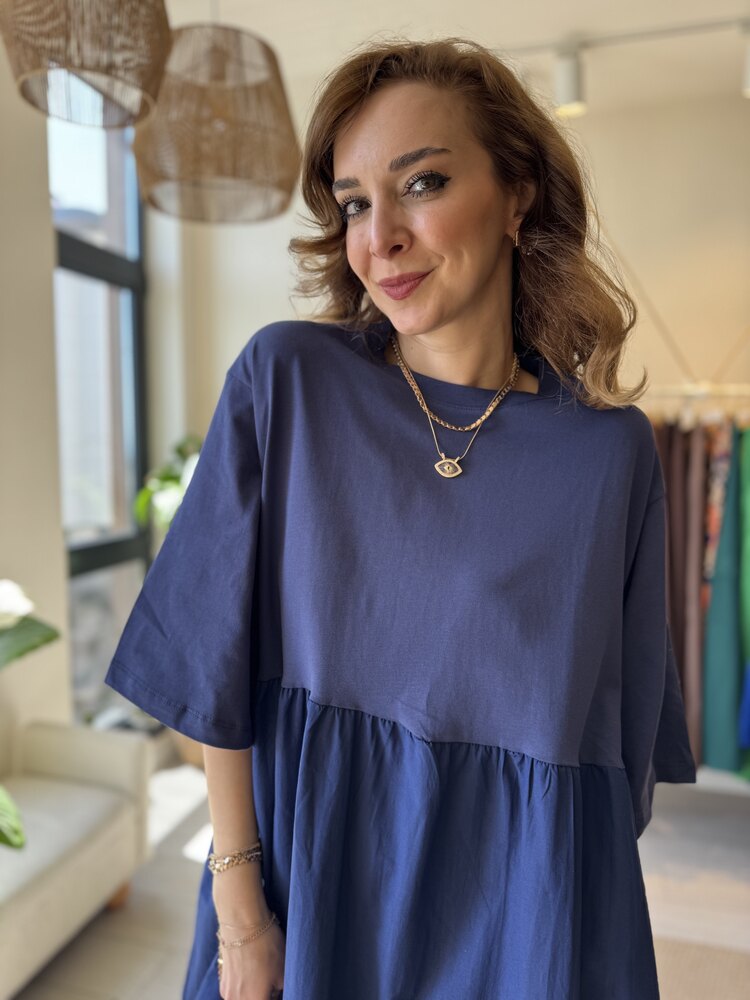 Oversize Poplin Penye Elbise (İndigo)