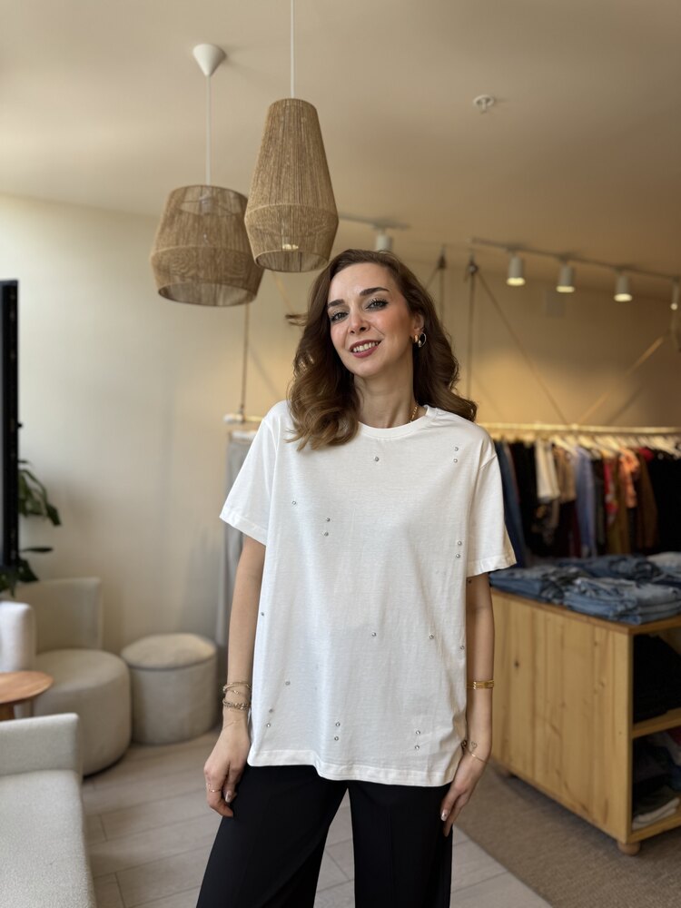 İpekyl Büyük Taşlı Tshirt (Beyaz)