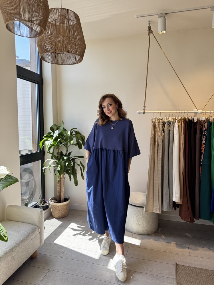 Oversize Poplin Penye Elbise (İndigo)