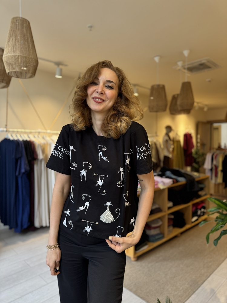 İpekyl Taşlı Kedili Tshirt (SİYAH)