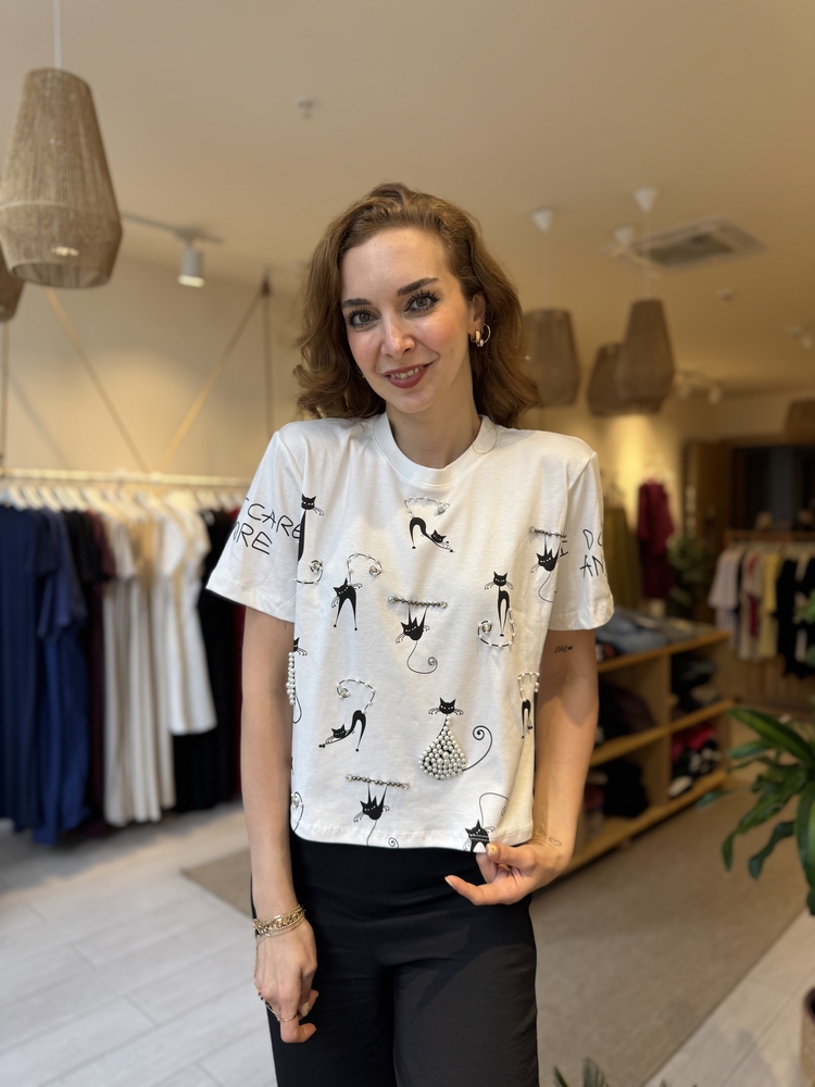 İpekyl Taşlı Kedili Tshirt (BEYAZ)