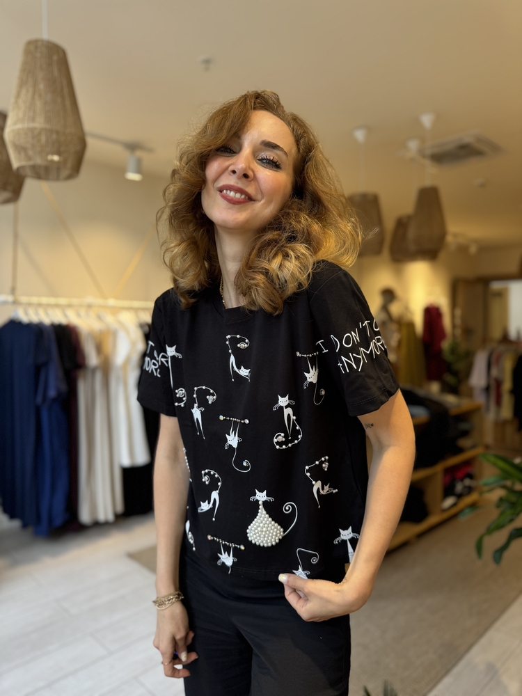 İpekyl Taşlı Kedili Tshirt (SİYAH)