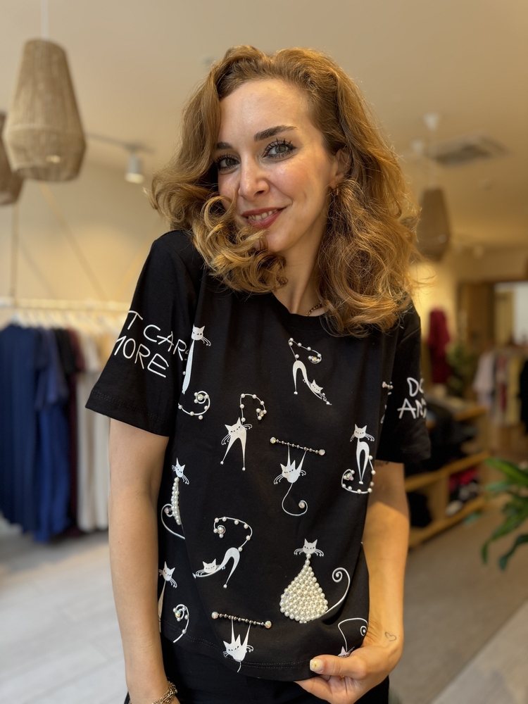 İpekyl Taşlı Kedili Tshirt (SİYAH)