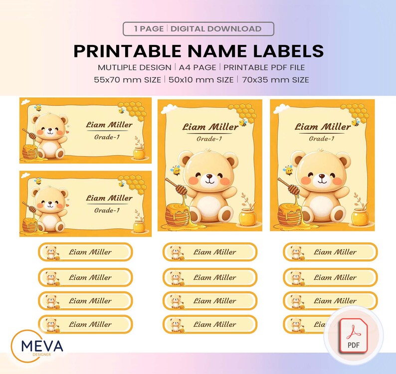 Cute Bear Printable School Name Labels PDF | Personalized Kids Stickers with Name & Grade | Back