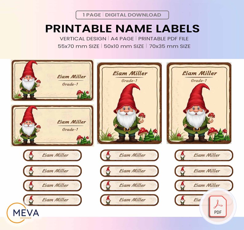 Personalized Gnome Name Labels, Printable School Stickers, Custom Kids Name Tags, Whimsical Back to