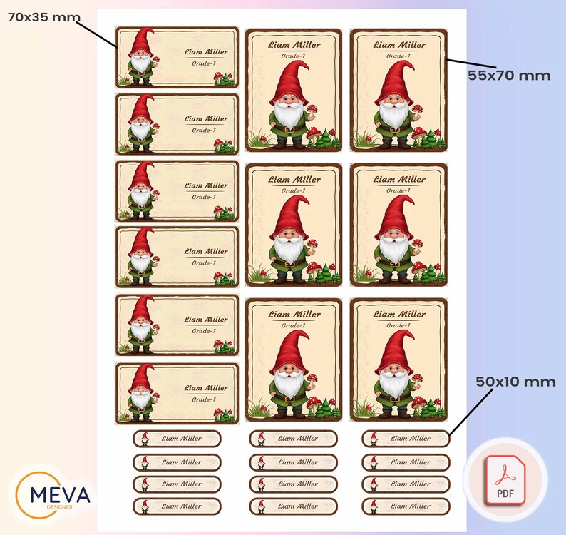 Personalized Gnome Name Labels, Printable School Stickers, Custom Kids Name Tags, Whimsical Back to