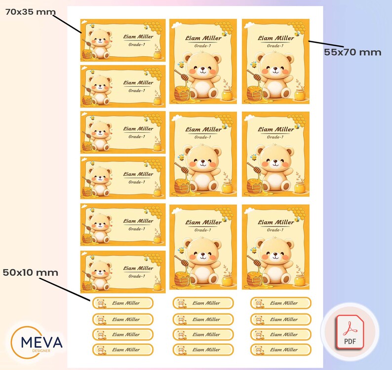 Cute Bear Printable School Name Labels PDF | Personalized Kids Stickers with Name & Grade | Back