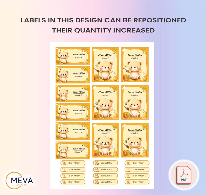 Cute Bear Printable School Name Labels PDF | Personalized Kids Stickers with Name & Grade | Back