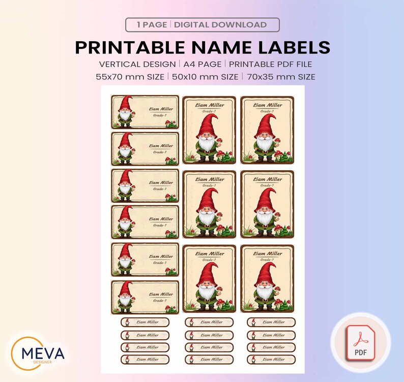 Personalized Gnome Name Labels, Printable School Stickers, Custom Kids Name Tags, Whimsical Back to