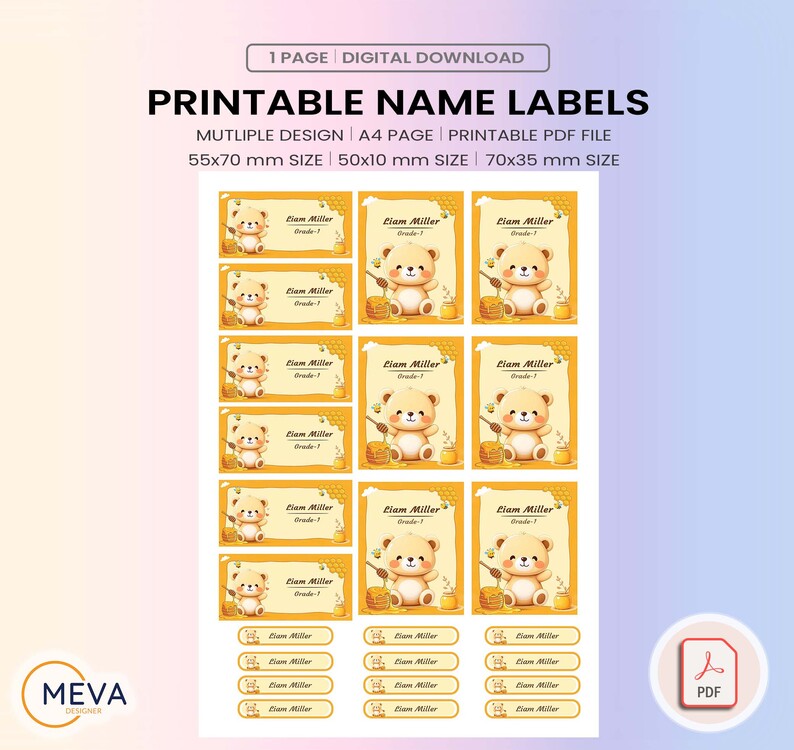 Cute Bear Printable School Name Labels PDF | Personalized Kids Stickers with Name & Grade | Back
