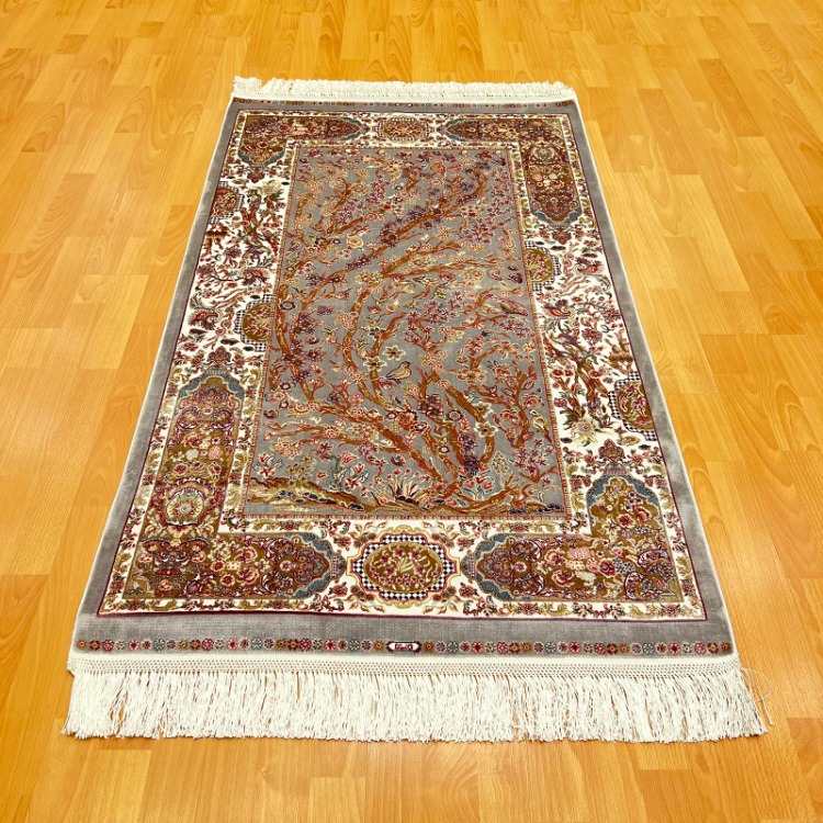Hayat Ağacı Desenli 90 X150 cm İpek Halı Gri