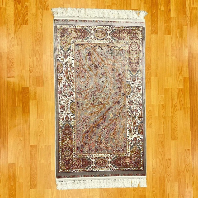 Hayat Ağacı Desenli 90 X150 cm İpek Halı Gri