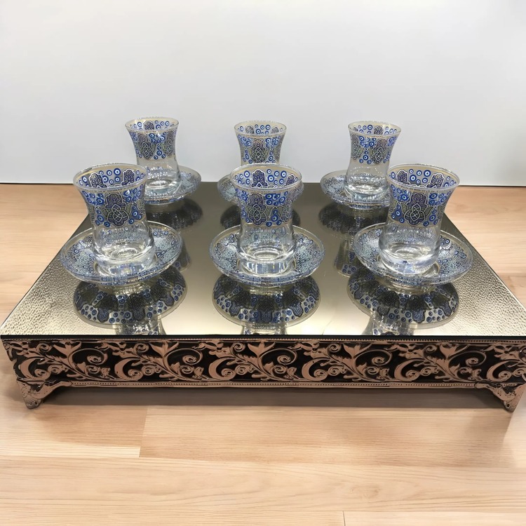 Etnik Mavi Desenli 6 Kişilik Çay Bardağı Seti