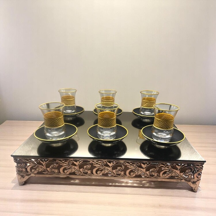 Lüks Hasır Desenli Siyah 6 Kişilik Çay Bardağı Seti