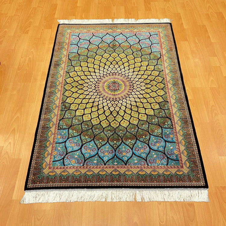Geometrik/Madalyon Desenli 100 X 150 CM İpek Halı Yeşil