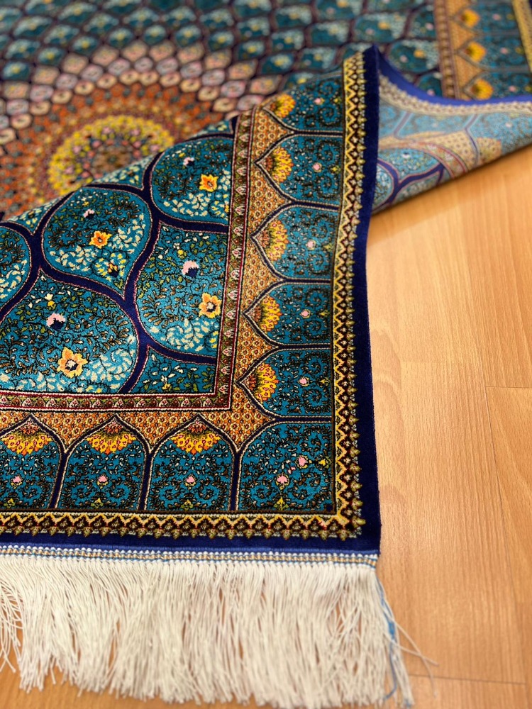 Geometrik/Madalyon Desenli 100 X 150 CM İpek Halı Mavi