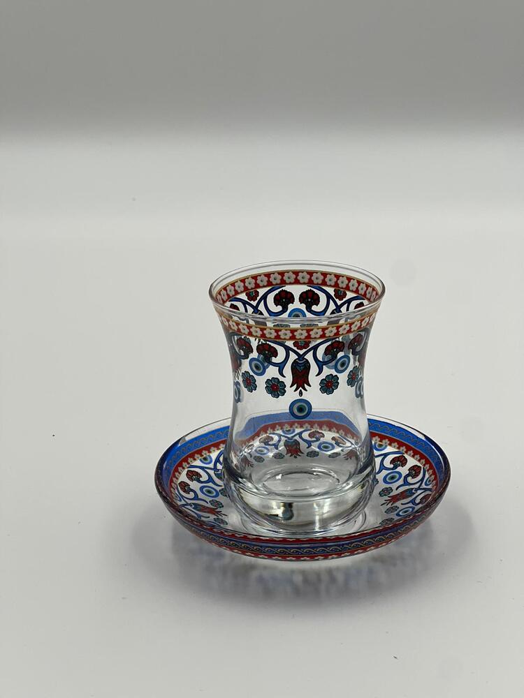 Kırmızı Mavi Çini İşlemeli İnce Belli 6 Kişilik Çay Bardağı Seti