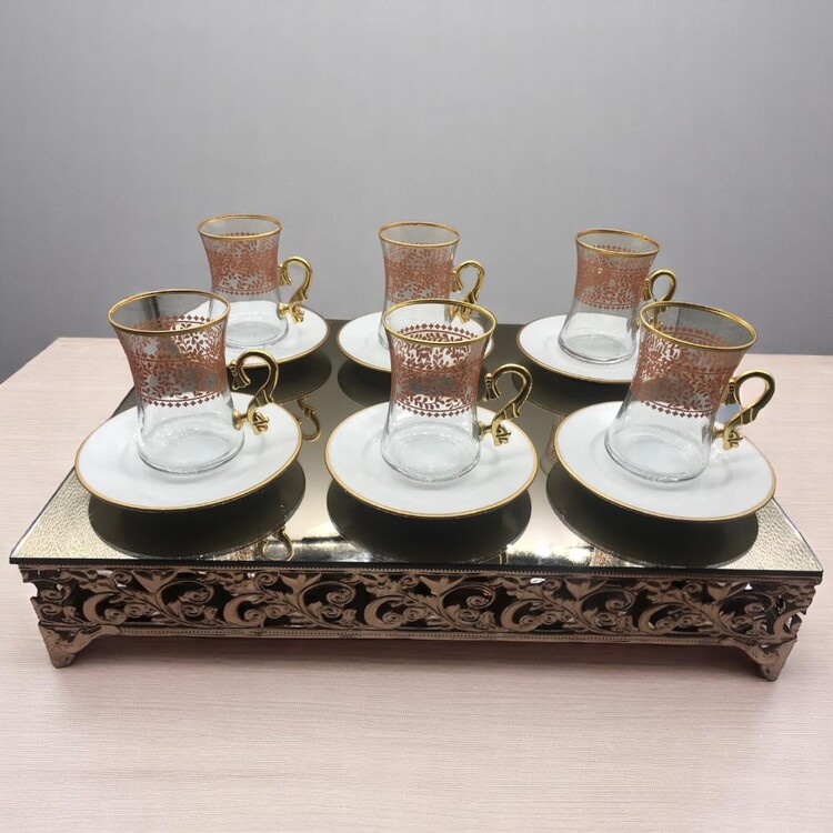 Altın Kulplu Bakır Yaprak Desenli 6 Kişilik Çay Bardağı Seti