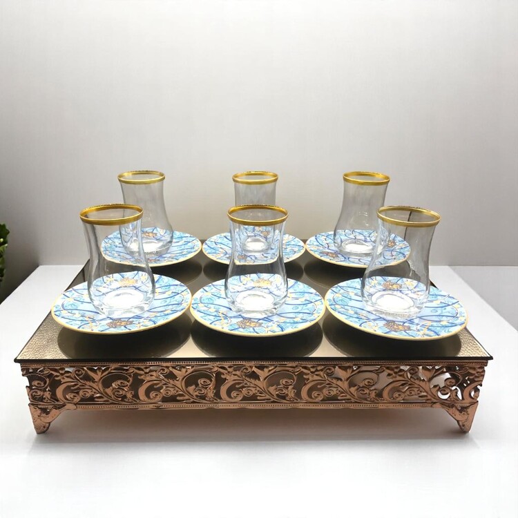 Royal Blue ve Altın İşlemeli 6 Kişilik Çay Bardağı Seti