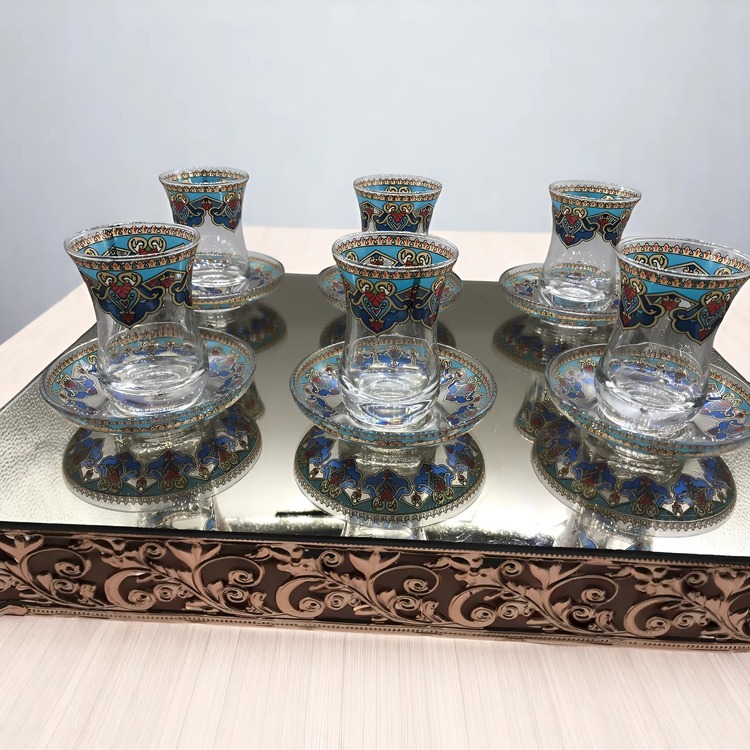 Turkuaz İşlemeli 6 Kişilik Çay Bardağı Seti