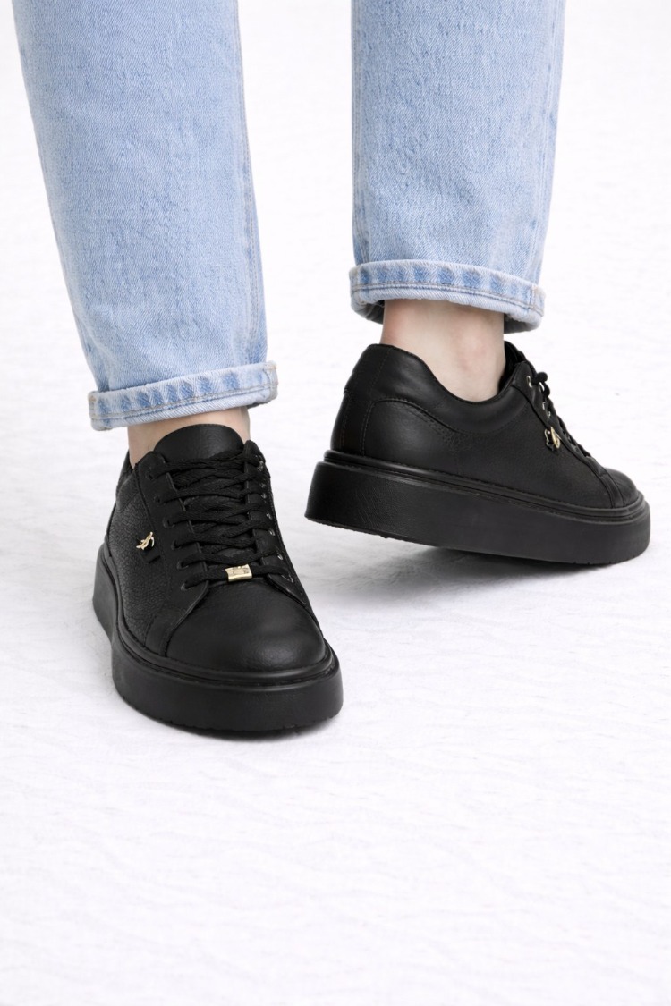 Kadın Siyah Kalın Taban Günlük Sneaker Ayakkabı