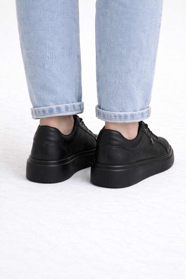 Kadın Siyah Kalın Taban Günlük Sneaker Ayakkabı