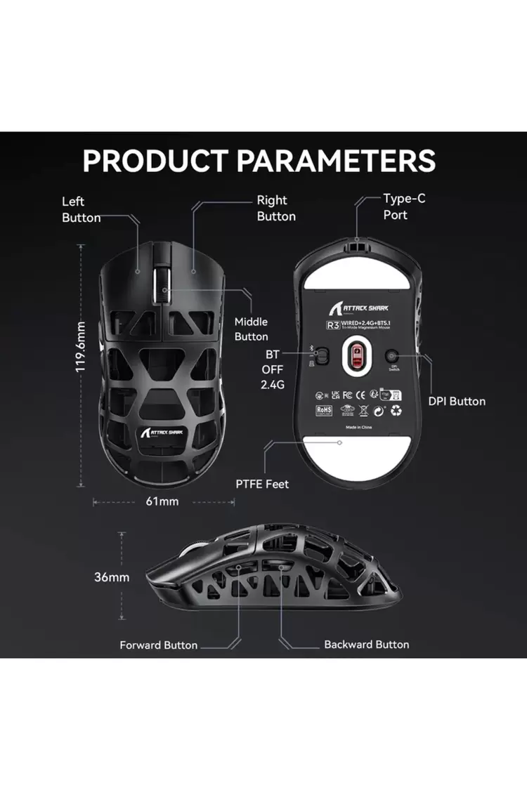 Attack Shark R3 Magnezyum Alaşımlı APP Uygulamalı 8Khz Ultra Hız Tepki 26.000DPI Gaming Mouse